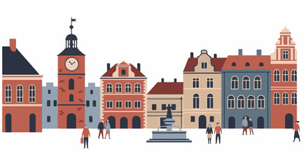 Fototapeta premium Flat illustration of a European town square with clock tower and fountain