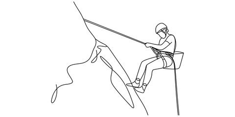 Continuous single line drawing of a person rock climbing on a mountain cliff with a rope and helmet in a minimalist adventure sports style illustration Vector, illustration © Alo 2026 Arts