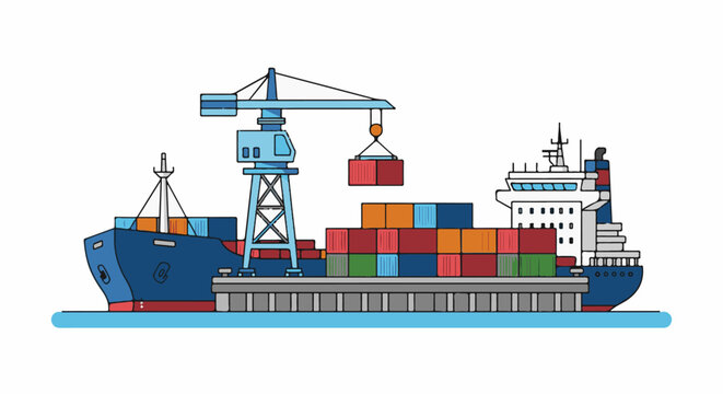 Cargo ship docked at a port, being loaded by a crane