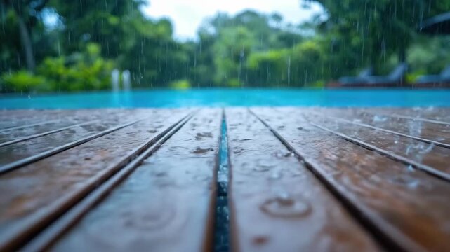 Raindrops on wooden deck by pool with lush greenery