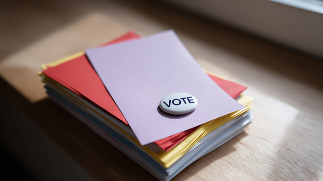 A stack of colorful envelopes with a 'VOTE' button on a light purple envelope, resting on a warm wooden surface in natural window light, political process concept