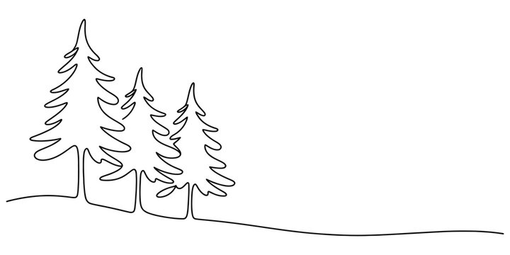 Continuous single line drawing of three pine trees in a row on a hill for a minimalist nature concept design Vector, illustration
