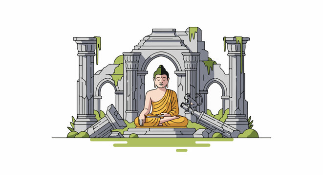Serene Buddha meditates amidst ancient, moss-covered ruins with a monkey