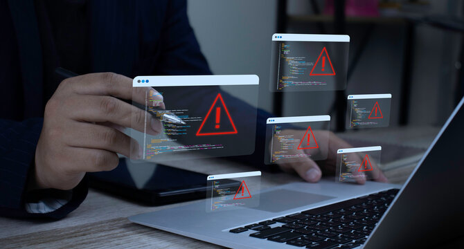 Programmer detecting multiple bugs and system errors in software source code. Concept of code vulnerability scanning, cyber security threat, and troubleshooting on laptop.