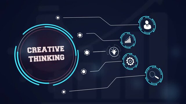 Unlocking business innovation through creative thinking visualized on a futuristic digital interface with icons of professional strategy and original ideas