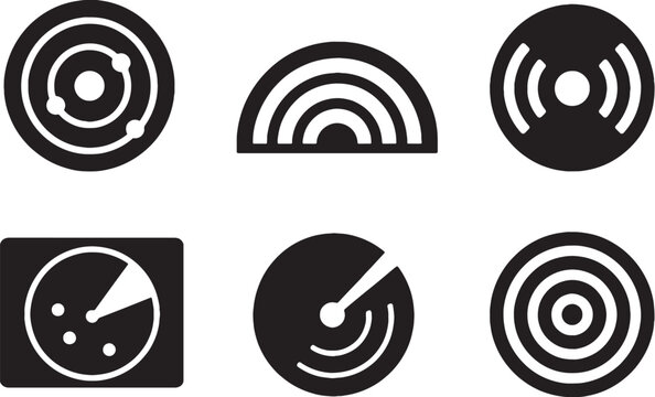 Radar scanning icon set black silhouette signal wave screen sweep pulse minimal vector collection