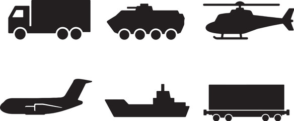 Military transport icon set black silhouette cargo truck armored vehicle helicopter plane boat rail vector © Hue