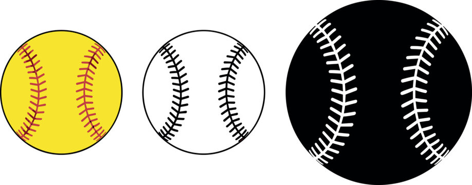 Set of baseball and softball vectors in yellow white and black silhouette styles for sports team logos