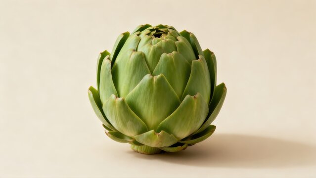 A whole fresh green artichoke with tightly layered bracts sits centered on a soft cream background.