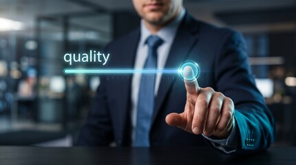 Obraz premium Quality Assurance: A sharp-dressed professional is making an impactful gesture, seemingly activating a digital display that highlights quality, underscoring a commitment to excellence.