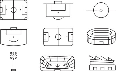 Football stadium and field layout icons set minimalist line vector soccer pitch and arena outline pack © Hue