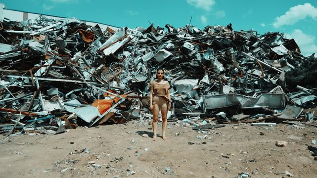 woman walking, distant gaze, abandoned ruins, cinematic, post apocalyptic, dystopian world, solitude, isolation, lonely woman, female protagonist, ruined building, abandoned place, urban decay, wrecka