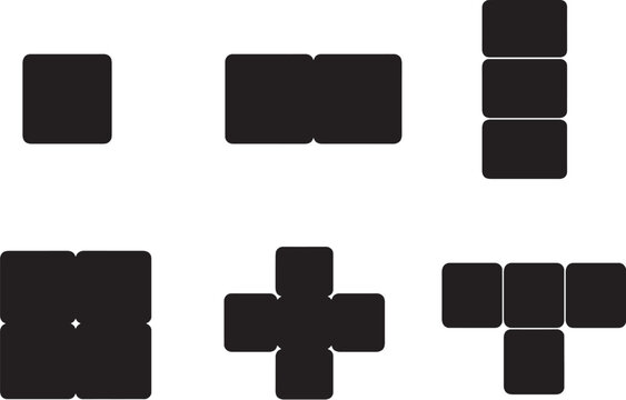 Grid cell blocks set, abstract grid cell silhouettes, merged stacked expanded cluster layout shapes, minimal solid vector pack