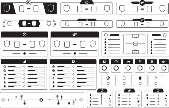 Football live score UI template pack scoreboard result cards lineup stats dashboard vector system