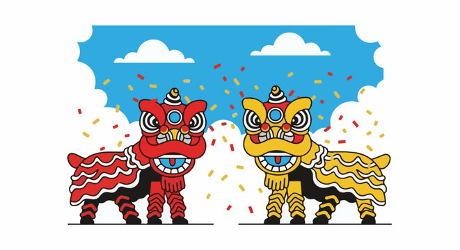 Two colorful, stylized lion dance figures against a sky with clouds and confetti
