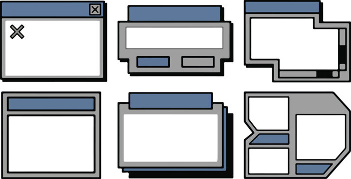 Set of six distinct user interface windows and frames, designed in a retro computing style with blank content areas
