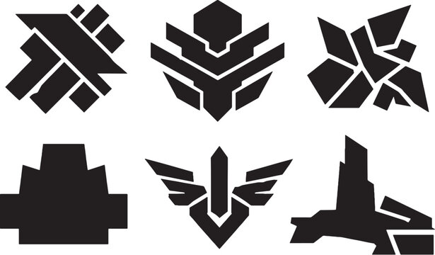 Abstract military decorative shapes silhouette bundle, geometric emblem block fragment vector icon set