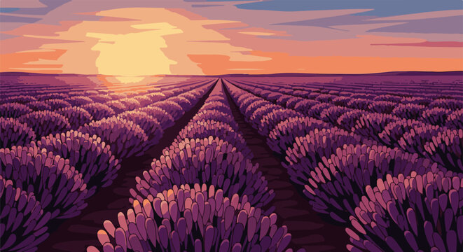 Pixelated lavender field at sunset with rows stretching to the horizon