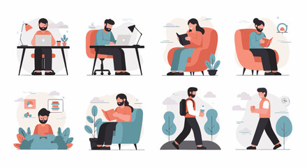 Fototapeta premium Diverse individuals engaged in various activities like working, reading, and walking
