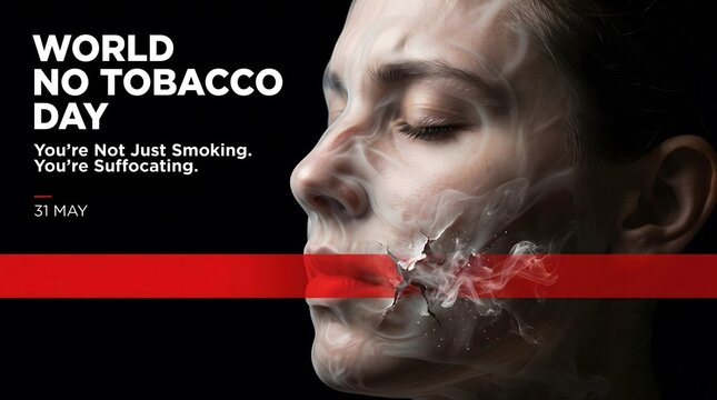 World no tobacco day awareness graphic with woman exhaling smoke suffocation concept