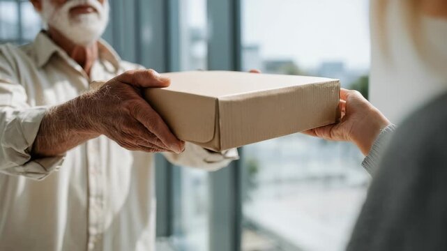 Elderly man delivers cardboard box to someone in bright, sunlit room, symbolizing modern logistics, personal delivery services. Captures trust, reliability, connection in everyday interactions