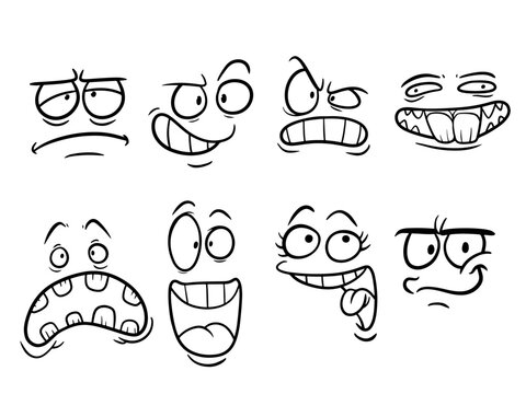 Set of Hand Drawn Cartoon Faces Expressions Doodle Style