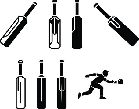 Cricket Bat and Ball Icon Set with Player Illustration