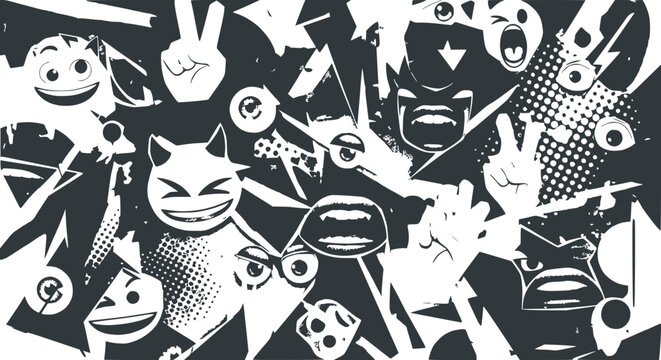 Dynamic Graffiti Art with Cartoon Faces and Abstract Shapes, Black and White
