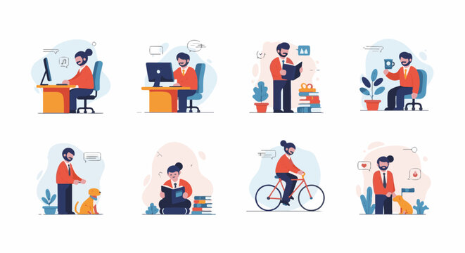 Diverse scenes of people working, reading, and enjoying leisure activities with pets