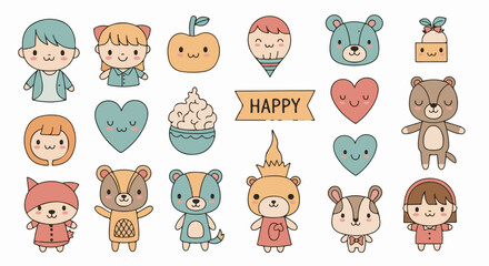 Fototapeta premium Collection of cute cartoon characters including animals, people, and food items