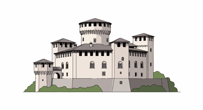 A detailed, stylized illustration of a large stone castle with multiple towers and battlements