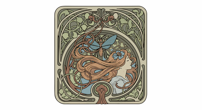 Art Nouveau maiden with flowing hair and insect amidst floral motifs