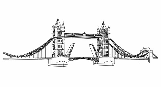 Black and white sketch of a large, iconic suspension bridge with open bascules