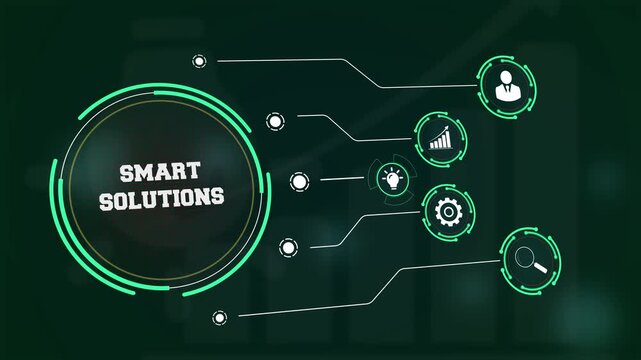 Strategic application of smart solutions for corporate efficiency featuring a high tech virtual dashboard with symbols of technical research and success