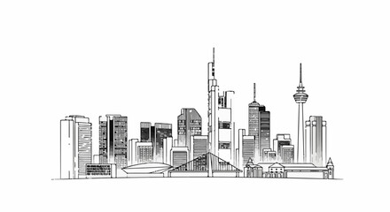 Obraz premium Black and white sketch of a city skyline with various modern buildings and a tall tower