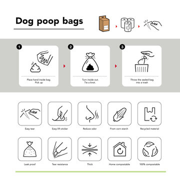 Garbage bag for dog poop user instruction set icons. The outline icons are well scalable and editable. Contrasting elements are good for different backgrounds. EPS10.