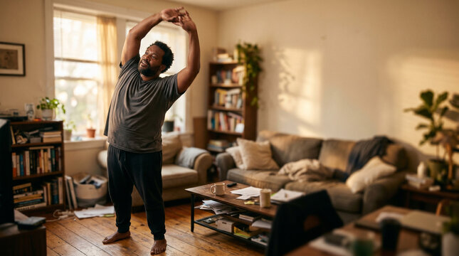 Active Plus-Size Man Stretching Gracefully in Authentic Living Room