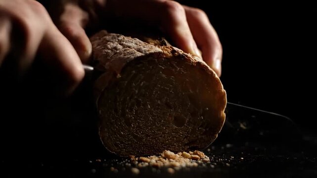 Closeup of Hand Slicing Fresh Whole Grain Bread with Dark Crust.
