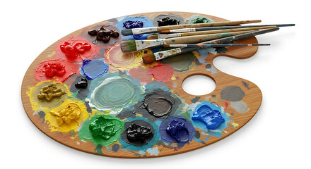 Obraz premium A wooden artist's palette with colorful paints and a set of used paintbrushes on a white background ai generated
