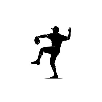 Baseball Pitcher Silhouette Throwing Ball Isolated on White Background