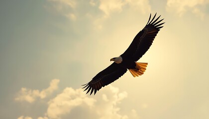 Fototapeta premium Bald Eagle Silhouette Flying Across Bright Sky Symbolizing American Freedom
