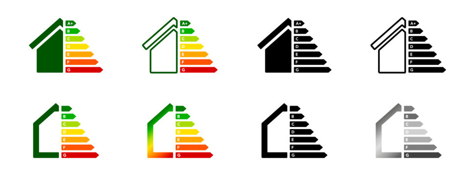 Energy efficiency rating icon set. House symbol for ecological house certification collection. Multi-color classification graph flat vector illustration