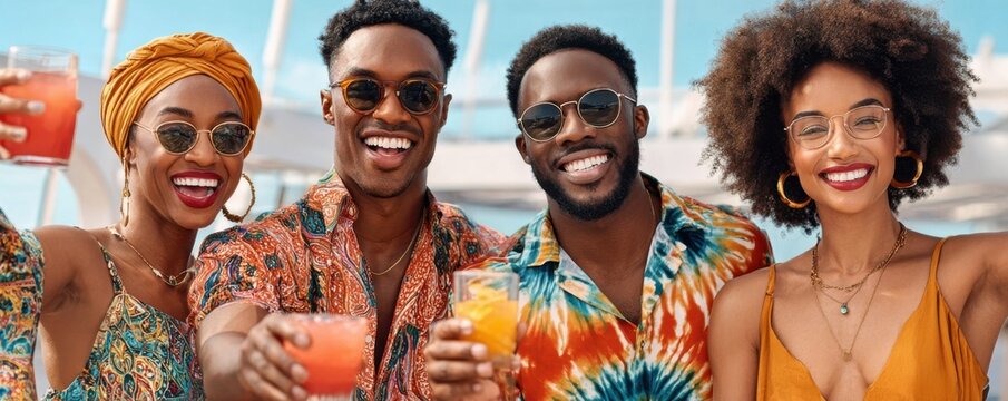 Friends celebrating at a colorful beach party, smiling and toasting with tropical drinks