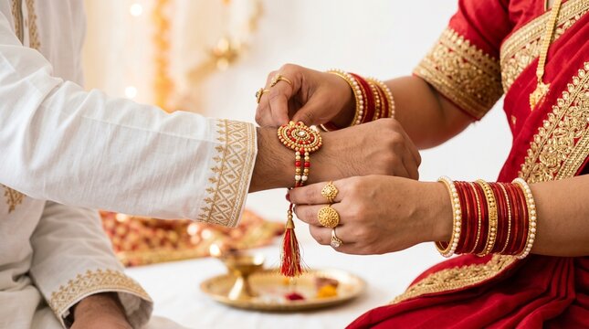 Indian woman tying rakhi on brother wrist during Raksha Bandhan festival&rdquo;