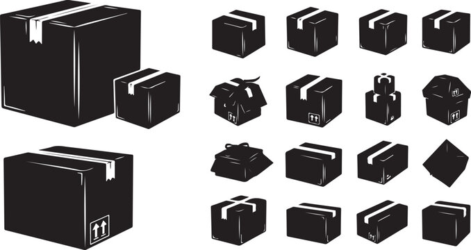 Set of black cardboard shipping boxes silhouettes