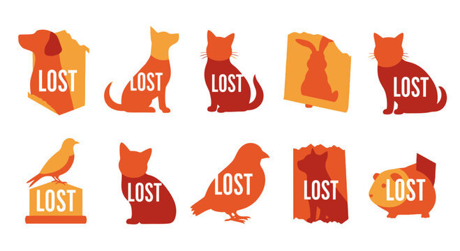 Lost Pet Icons: Dog, Cat, Rabbit, Bird, Hamster Silhouettes with 'Lost' Text