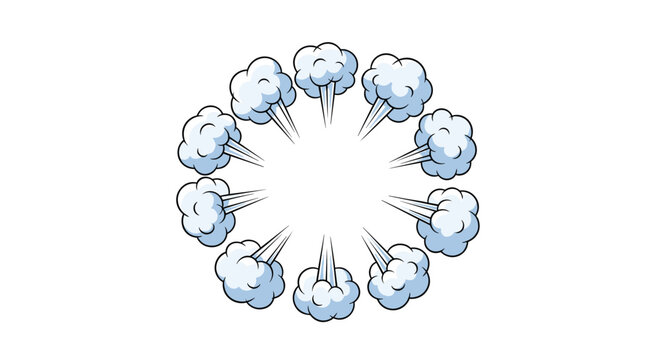 Circular arrangement of stylized blue and white puff clouds with motion lines creates a dynamic frame or ring element.