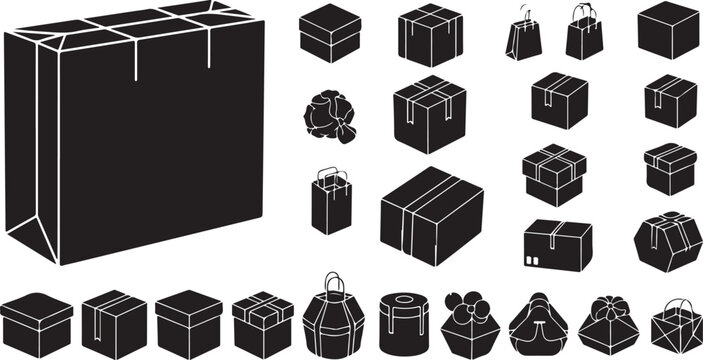 Set of black gift boxes and paper shopping bag icons