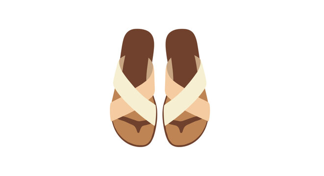 Pair of simple brown and tan flip flop sandals with crossover straps is shown from a top down perspective on white.