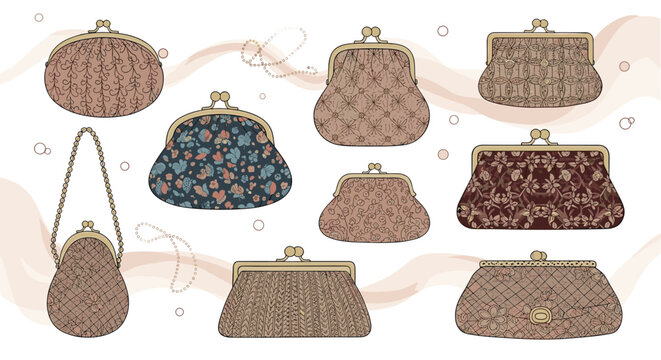 Collection of elegant vintage inspired coin purses and clutches with different patterns and textures is displayed.